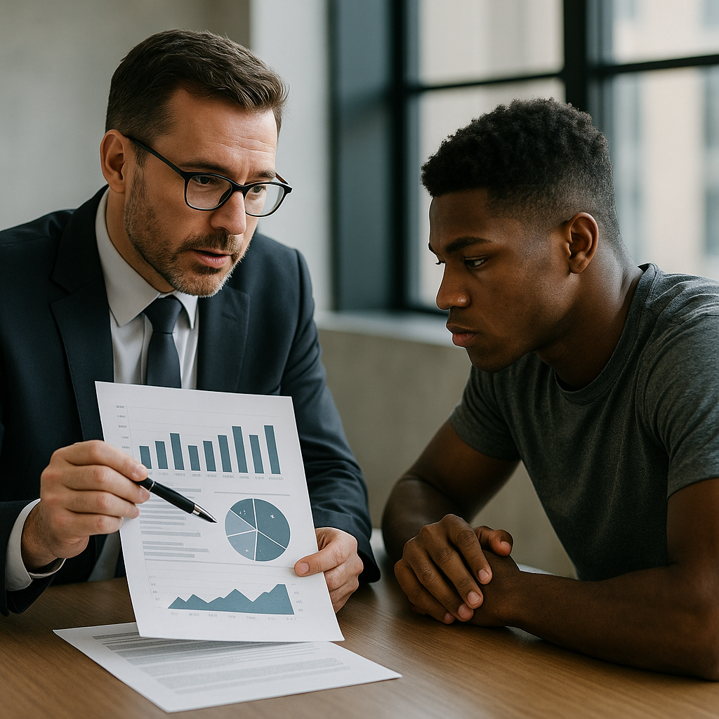 A professional financial advisor in a suit is sitting across the table from a young male athlete The advisor is holding a sheet of paper with charts and graphs pointing at it with a pen and explaining financial concepts The athlete listens attentivel-1