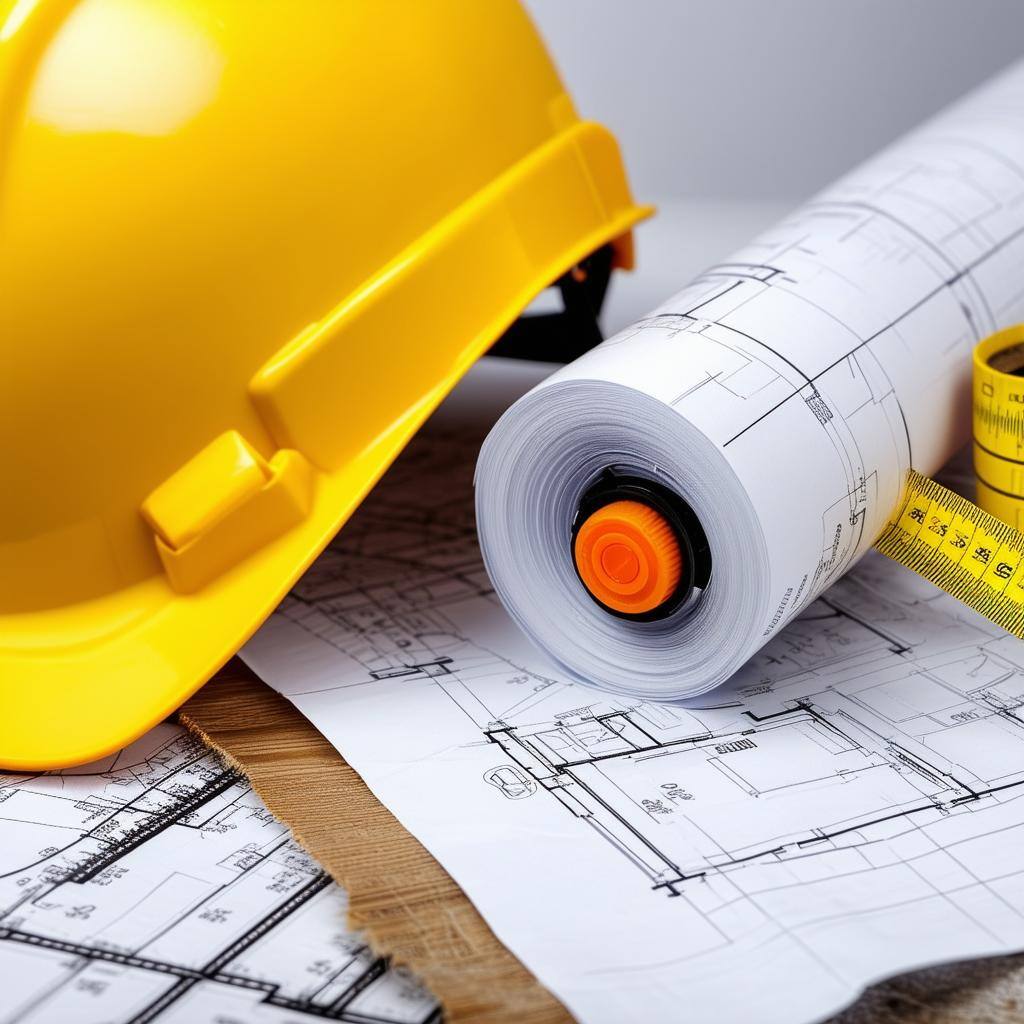 A roll of construction plans for a house unrolled on the table, and on it, a retractable measuring tape, a yellow safety helmet