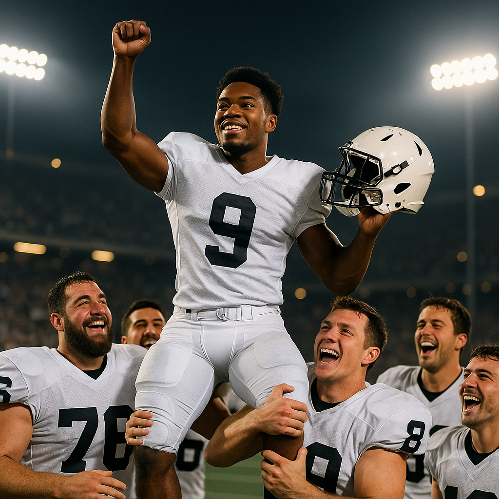 A young African American college football player wearing a generic uniform with no team logos being lifted on the shoulders of his teammates after a big win The player looks confident and proud holding his helmet in one hand while raising his other a