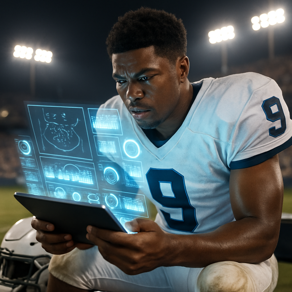 A young African American quarterback wearing a white football uniform with dark blue number 9 sits on the sideline with his helmet off He holds a tablet and from the screen graphics dashboards and figures pop out like glowing holograms These holograp