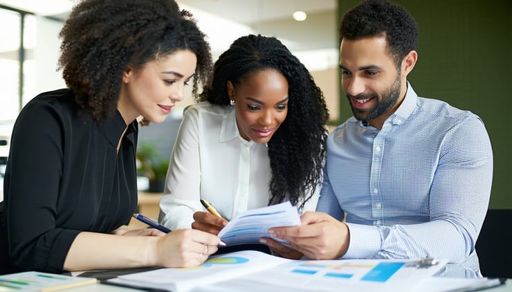 Business owner reviewing tax savings with an advisor Business owner reviewing tax savings with an advisor